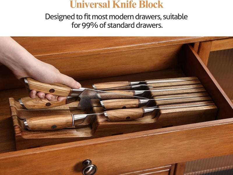 XINZUO In-drawer Knife Block, Natural Acacia Knife Drawer Oganizer, Insert-Kitchen Storage Holder, 7 Slots, Holds up to 7 Various Size Knives, Countertop Saving&Knife Protective - Image 4